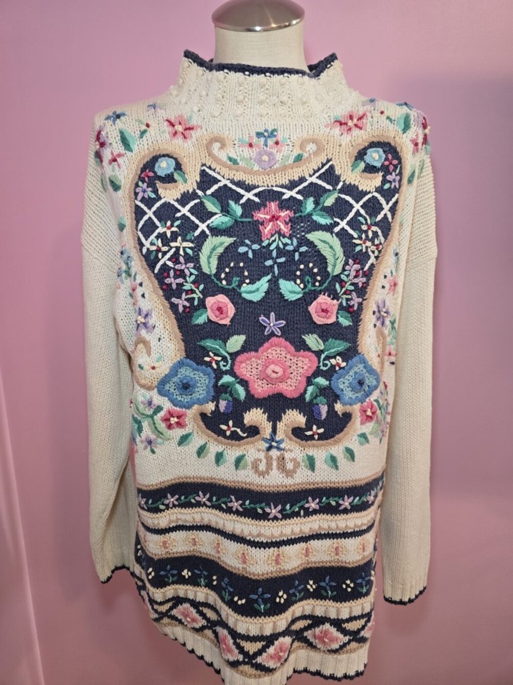 Beldoch Popper Floral Embroidered Knit Sweater Medium Cottagecore Shabby Chic
